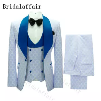 Мужской костюм Bridalaffair, синий жаккардовый свадебный смокинг в горошек с синими лацканами, 3 предмета, пиджак, жилет, брюки, мужской облегающий костюм