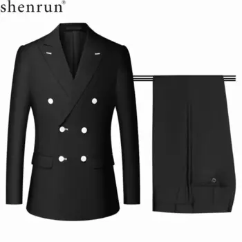 Мужской облегающий костюм Shenrun, черный пиджак с лацканами, двубортный костюм для свадьбы, выпускного вечера, белые пуговицы
