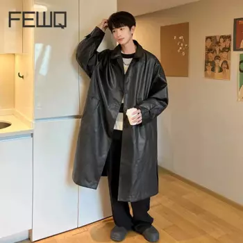 Мужской однобортный тренчкот FEWQ, длинный Повседневный тренчкот из искусственной кожи с отложным воротником, однотонный плащ в Корейском стиле, 24E2257