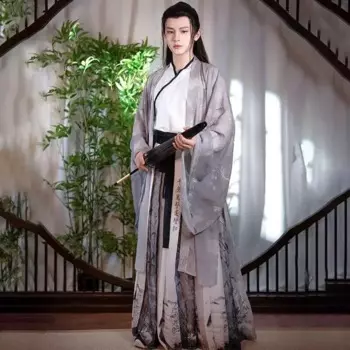 Мужской традиционный костюм Hanfu большого размера 2XL с китайским принтом, мужской карнавальный костюм Hanfu на Хэллоуин, серый костюм Hanfu, рубашка + юбка + пальто