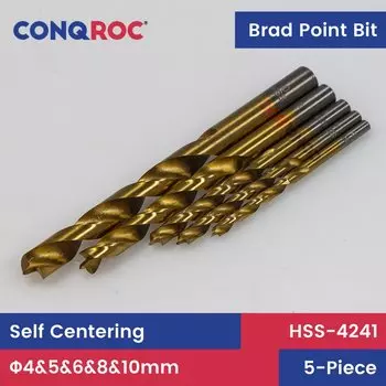 Набор сверл Brad Point из 5 предметов HSS-4241, самоцентрирующийся диаметр-4,5,6,8,10 мм, деревообрабатывающие открывалки с титановым покрытием