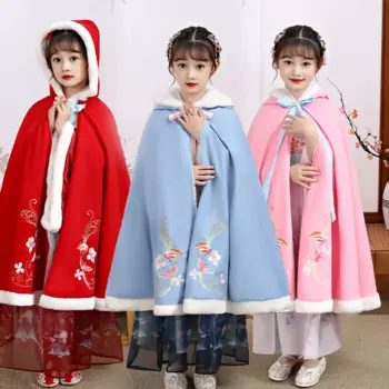 Накидка Hanfu для девочек, зимняя новая плюшевая утепленная накидка с вышивкой, накидка в китайском старинном стиле для детей, Новогодняя одежда, сохраняющая тепло