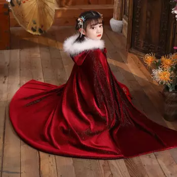 Накидка Hanfu с капюшоном для девочек, зимняя новая накидка с утепленным меховым воротником и вышивкой, детская Мантия в китайском стиле, теплая Новогодняя одежда
