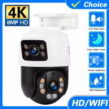 Наружная IP-камера с двумя объективами 4K 8MP PTZ POE PTZ, двусторонняя аудиокамера для обнаружения человека, домашняя камера безопасности, видеонаблюдение ICsee
