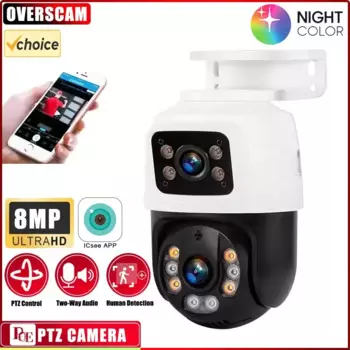 Наружная IP-камера с двумя объективами 4K 8MP PTZ POE PTZ, двусторонняя аудиокамера для обнаружения человека, домашняя камера безопасности, видеонаблюдение ICsee