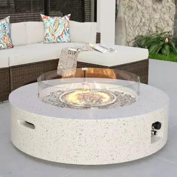 Наружный кофейный столик с пропановым огнем, белый Terrazzo, 40,5 дюйма, Круглый нагреватель патио, горелка из нержавеющей стали 50000 BTU