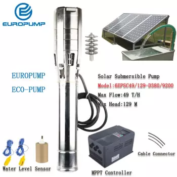Насос на солнечной батарее EUROPUMP, 6 дюймов, 12 л. С., выход 3 дюйма, Максимальный подъем 129 м, 49000LPH, постоянный ток, Солнечный водяной насос с моделью MPPT (6EPSC49/129-D380/9200)