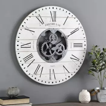 Настенные часы White Shiplap Gears, большой винтажный Декор для гостиной, домашнего офиса, Круглый, деревянный и пластиковый, фермерский, 27 дюймов