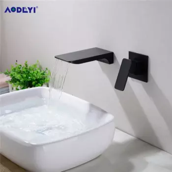 Настенный кран для раковины с водопадом, кран для раковины из твердой латуни, скрытый смеситель для горячей и холодной воды, краны для ванной комнаты, черный/хром