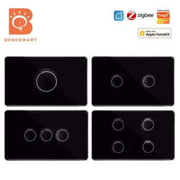 Настенный выключатель Benexmart Tuya Zigbee, черный сенсорный переключатель с закаленным стеклом, 1 2 3 4 клавиши, с нейтральным переключателем, Alexa Google Home