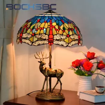 Настольная лампа BOCHSBC из витражного стекла Тиффани Лось синяя Стрекоза Арт-Деко Гостиная Столовая бар Спальня прикроватная офисная лампа