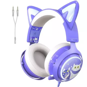Наушники SOMIC GS510 с кошачьими ушками, игровые проводные наушники USB 3,5 мм, Накладные наушники с микрофоном для PS5/PS4/ПК, фиолетовые