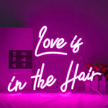 Неоновая вывеска Love Is In The Hair с регулируемой яркостью, украшение комнаты для парикмахерской, розовая фотография, вывеска с питанием от USB