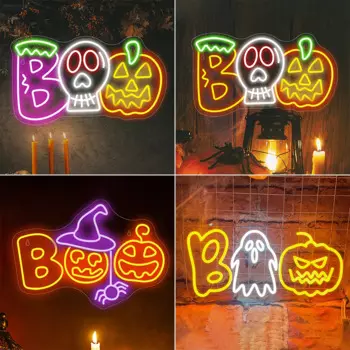 Неоновая вывеска на Хэллоуин Fun Art Boo Неоновый свет для декора стен с регулируемой яркостью Украшение комнаты для вечеринки, бара, дома, гостиной, декоративная лампа