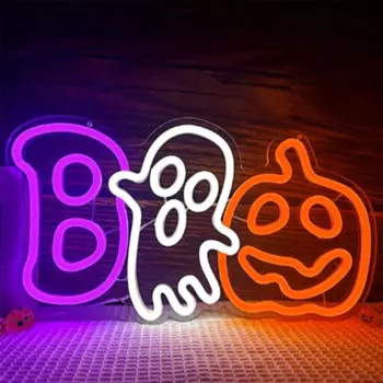 Неоновая вывеска на Хэллоуин, привидение Boo, неоновая вывеска, украшение комнаты, светодиодные светильники с регулируемой яркостью для гостиной, бара, Хэллоуин, вечерние, декор магазина, USB