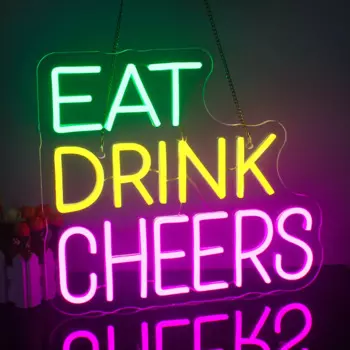 Неоновая вывеска с надписью «Eat Drink Cheers», трехцветная лампа, украшение для комнаты с надписью на день рождения, для спальни, лампа для декора
