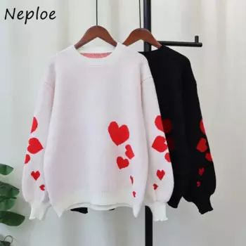 Neploe 2024, осенне-зимний корейский шикарный свободный вязаный свитер с круглым вырезом в форме сердца, женский простой повседневный милый мягкий пуловер с длинными рукавами