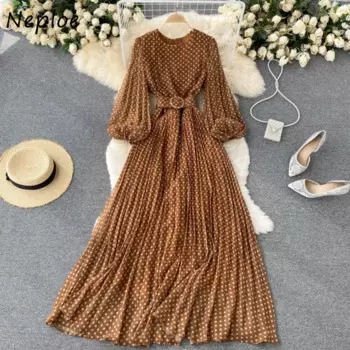 Neploe Французский стиль Винтаж Светлый спелый ветер с круглым вырезом Femme Robe в горошек Элегантный пояс Сетчатое платье с высокой талией Платье с пышными рукавами Vestidos