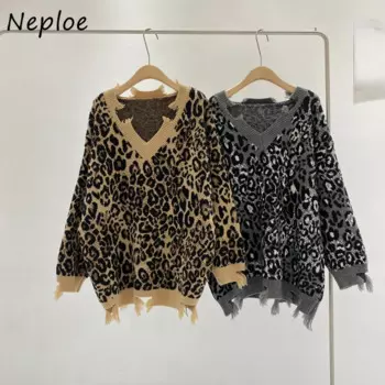 Neploe Гонконгский стиль Moda Korea Chic Harajuku Pull Femme Hole Свободный джемпер средней длины Леопардовый персонализированный свитер Spice Girls