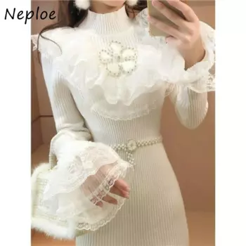 Neploe Кружевное лоскутное платье со стразами и воротником-стойкой Femme, однотонное платье с длинными рукавами и бедрами, элегантное платье Vestidos De Mujer