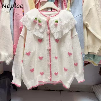 Neploe Sweet Питер Пэн воротник вязаный кардиган универсальный кружевной лоскутный зимний новый джемпер меньшинства свободный женский милый вязаный