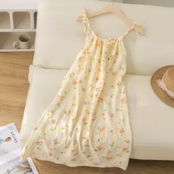 Nightgown Womens Sexy Sleepwear Пижама Женская Floral Women's Summer Pajamas Summer Home Clothes Long Sexy Gauze Pure Cotton
