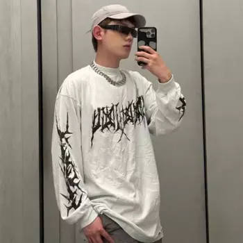 NIGO Мужская весенне-осенняя стираная уличная повседневная белая свободная хлопковая футболка с длинными рукавами и принтом Ngvp # nigo9473