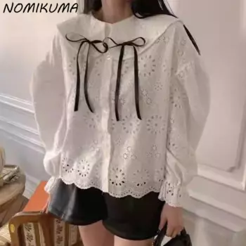 Nomikuma корейский шикарный весенний милый галстук-бабочка воротник Питер Пэн однобортный полый жаккардовый Универсальный рукав-фонарик рубашка для женщин