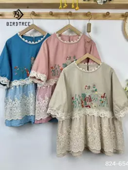 Новая летняя хлопково-льняная повседневная рубашка с коротким рукавом, женская рубашка с круглым вырезом и вышивкой, свободные литературные блузки для девочек, осень 2024, T46240QC
