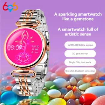Новая мода 1,28-дюймовый AMOLED-экран 3D Gem Mirror Женские умные часы Blue Tooth Call Спорт Фитнес Сердечный ритм Здоровье Леди Смарт-часы