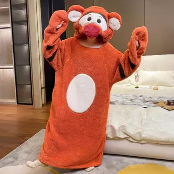 Новая зимняя Ночная рубашка большого размера из кораллового флиса Disney Tigger, зимняя Слитная Пижама с капюшоном, ночная рубашка для пар, домашняя одежда