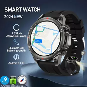 Новинка 2024, мужские умные часы для спорта на открытом воздухе с GPS, фонариком, экраном 1,53 дюйма, Bluetooth, фитнес-трекером, Смарт-часы для Android и IOS
