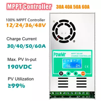 Новинка! Контроллер заряда солнечной батареи MPPT, 60 А, 50 А, 40 А, 30 А, ЖК-дисплей с подсветкой, 12 В, 24 В, 36 В, 48 В, регулятор заряда солнечной батареи для входа солнечной панели макс. 190 в