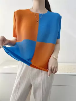 Новинка лета 2022, стильные плиссированные Женские топы Miyake, подходящая цветная футболка, свободные тонкие футболки с коротким рукавом и круглым вырезом