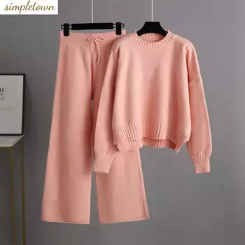 Новинка, Модный повседневный вязаный свободный женский свитер Pure Desire Style в Корейском стиле + широкие брюки, комплект из двух предметов