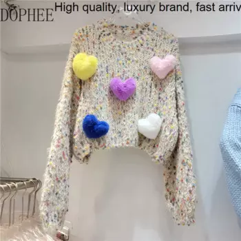 Новинка Осень 2023, милый пуловер для ленивых девушек, Пуловеры с круглым вырезом и надписью Love Hairball, вязаный Топ, универсальные повседневные женские короткие свитера