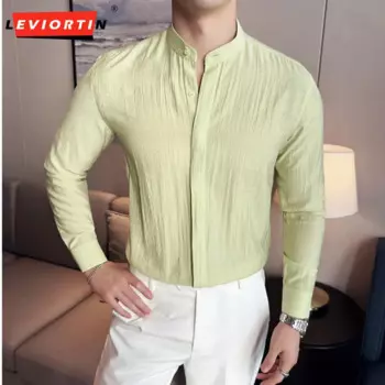 Новинка Осенняя модная повседневная рубашка в китайском стиле с воротником-стойкой мужская Тонкая льняная дышащая плиссированная рубашка с длинным рукавом Молодежная