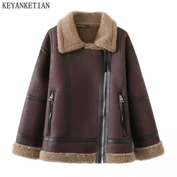 Новинка, зимняя куртка KEYANKETIAN из плотного коричневого меха ягненка, свободная версия, модная уличная стильная женская куртка из искусственной кожи