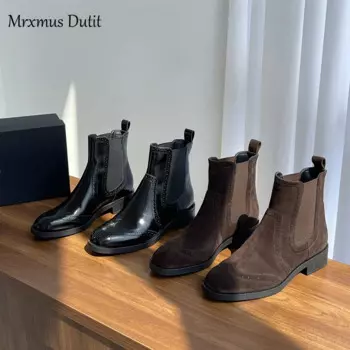 Новинка зимняя женская обувь Mrxmus Dutit из воловьей кожи с круглым носком, резная плоская обувь на среднем каблуке, ботильоны челси в английском стиле