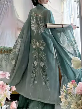 Новое длинное пальто Hanfu, на бретельках и юбка, зеленое новое платье Hanfu в китайском стиле, женская элегантная одежда Хань, костюмы с цветочным принтом