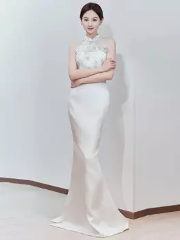 Новое китайское платье Cheongsam, белое платье с лямкой на шее, высококачественное доступное роскошное нишевое вечернее платье High Sense Host