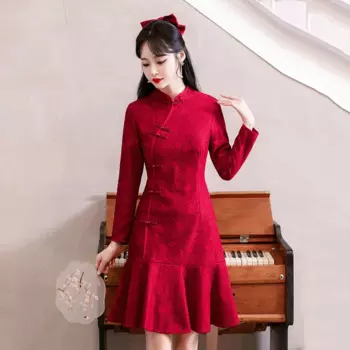 Новое поступление 2023, традиционная китайская Новогодняя одежда Qipao, современное улучшенное красное платье-Ципао с длинным рукавом, модель 4XL