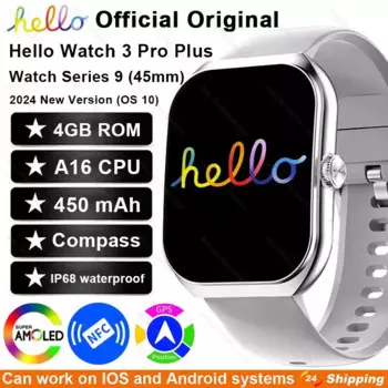 Новые оригинальные умные часы Hello 3 Pro Plus серии 9 45 мм AMOLED 4G ROM NFC Компас Часы Bluetooth Вызов Smartwatch 2024 Мужчины Женщины