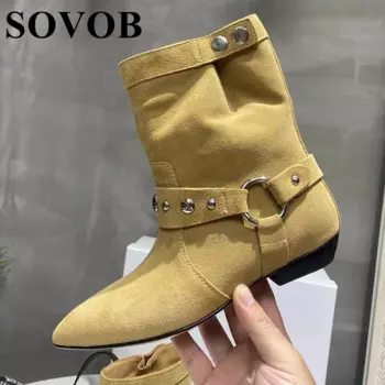 Новые весенне-осенние короткие сапоги с острым носком, женские простые винтажные сапоги с заклепками для верховой езды, ковбойские сапоги в стиле вестерн на плоской подошве 2024
