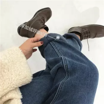 Новые зимние женские утепленные хлопковые джинсовые брюки до щиколотки в Корейском стиле повседневные свободные прямые джинсы на пуговицах с завышенной талией P133