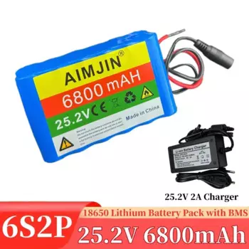 Новый литий-ионный перезаряжаемый аккумулятор 18650 6S2P 25,2 в 6800 мАч, подходит для электрического велосипеда, мопеда с зарядным устройством BMS + 25,2 в 2 А