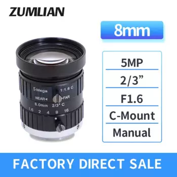 Объектив ZUMLIAN 8 мм F1.6 с-креплением, 2/3 дюйма, сенсор 5 МП, низкое искажение, фиксированный фокус, объектив камеры FA для промышленной проверки