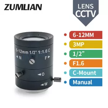 Объектив ZUMLIAN CCTV C-Mount, объектив с низким искажением, 6-12 мм, варифокальный, 1/2 дюйма, F1.6, с ручной радужной оболочкой, 3 Мп, для IP-камеры видеонаблюдения 4K
