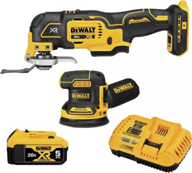 Обитальная шлифовальная машина и осциллирующий инструмент DEWALT 20 В MAX, аккумуляторный набор из 2 инструментов для деревообработки с аккумулятором 5 Ач и зарядным устройством (DCK202P1)