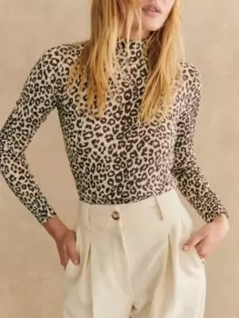 Облегающий топ с круглым вырезом, женский свитер с леопардовым принтом, нишевый модный пуловер с высоким воротником, осень-зима 2024, осень-зима